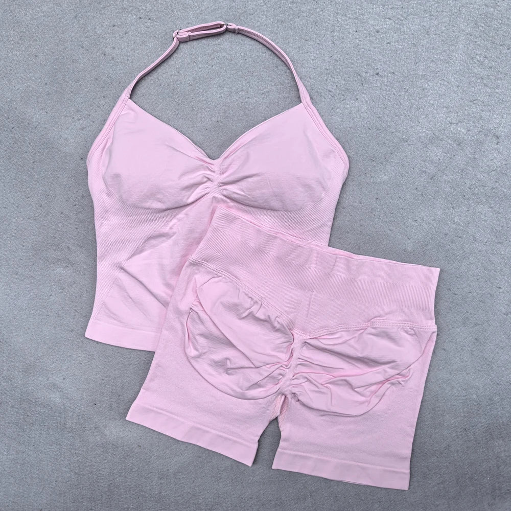 Conjunto Fitness Feminino 2 Peças – Top Ajustável Sem Costuras e Calções Scrunch, Ideal para Yoga, Ginásio e Treinos de Verão