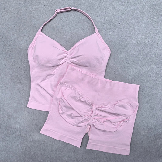 Conjunto Fitness Feminino 2 Peças – Top Ajustável Sem Costuras e Calções Scrunch, Ideal para Yoga, Ginásio e Treinos de Verão
