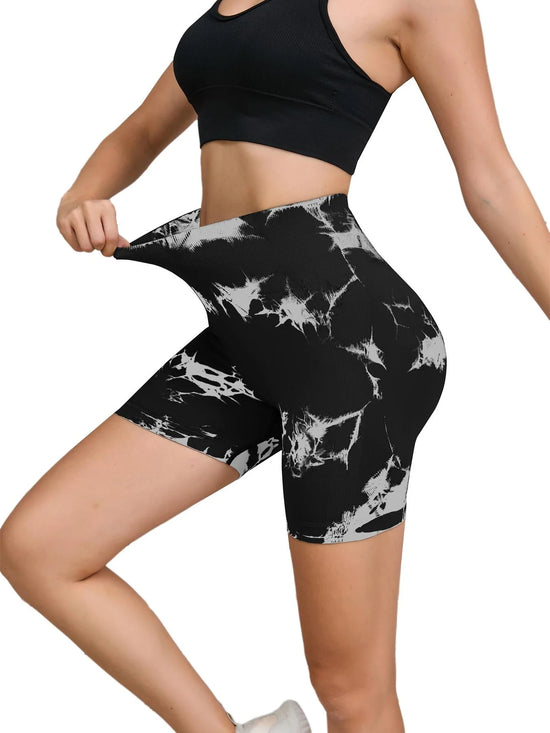 Shorts Fitness Femininos Tie-Dye — Cintura alta e costura que realça os glúteos, ideais para treino e yoga.