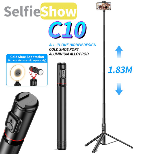 C10 bastão de selfie de 72 polegadas em liga de alumínio — tripé portátil com suporte para telemóvel e controlo remoto Bluetooth sem fios, compatível com iOS e Android.