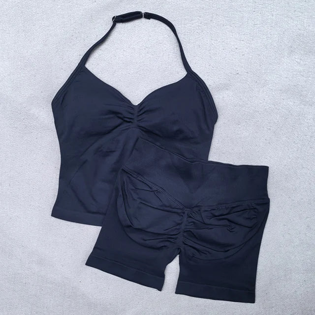 Conjunto Fitness Feminino 2 Peças – Top Ajustável Sem Costuras e Calções Scrunch, Ideal para Yoga, Ginásio e Treinos de Verão