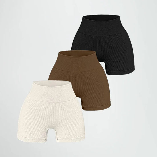 Calças de Yoga de Cintura Alta para Mulher – Modelam e Levantam, Justas, Cor Sólida com Textura Canelada, Tipo Shorts Desportivos