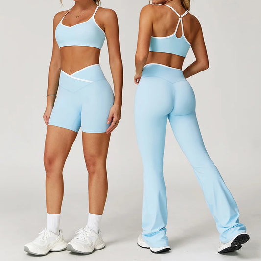 Conjunto de ioga feminino 2 peças — roupa de treino com calças de cintura alta e boca de sino, look sexy para fitness e ginásio.