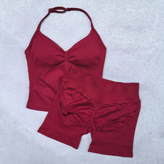 Conjunto Fitness Feminino 2 Peças – Top Ajustável Sem Costuras e Calções Scrunch, Ideal para Yoga, Ginásio e Treinos de Verão
