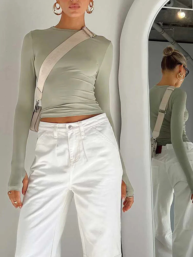 T-shirt Feminina Fashion – Manga Longa, Gola Redonda, Slim Fit, Crop Top com Orifícios para os Polegares, Casual e Streetwear de Verão