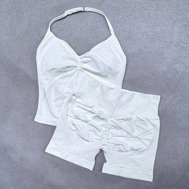 Conjunto Fitness Feminino 2 Peças – Top Ajustável Sem Costuras e Calções Scrunch, Ideal para Yoga, Ginásio e Treinos de Verão