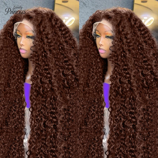 Peruca de Cabelo Humano Ondulado “Deep Wave” Castanho Chocolate 200% Densidade – 30 a 38 Polegadas, Renda Transparente Frontal 13x6