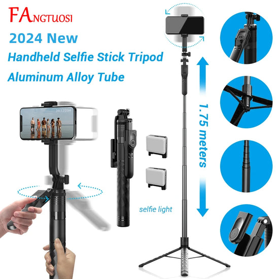 FANGTUOSI bastão de selfie sem fios 1750mm — tripé dobrável/monopé com luz LED para smartphones, gravação estável e transmissões ao vivo.