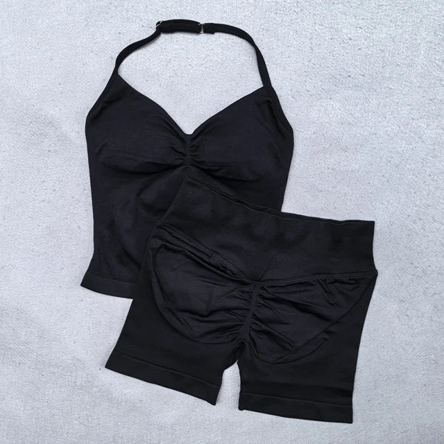 Conjunto Fitness Feminino 2 Peças – Top Ajustável Sem Costuras e Calções Scrunch, Ideal para Yoga, Ginásio e Treinos de Verão