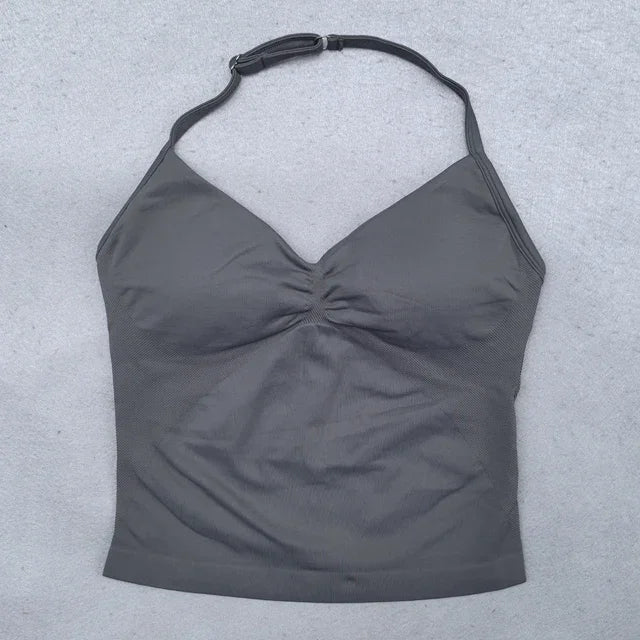 Conjunto Fitness Feminino 2 Peças – Top Ajustável Sem Costuras e Calções Scrunch, Ideal para Yoga, Ginásio e Treinos de Verão